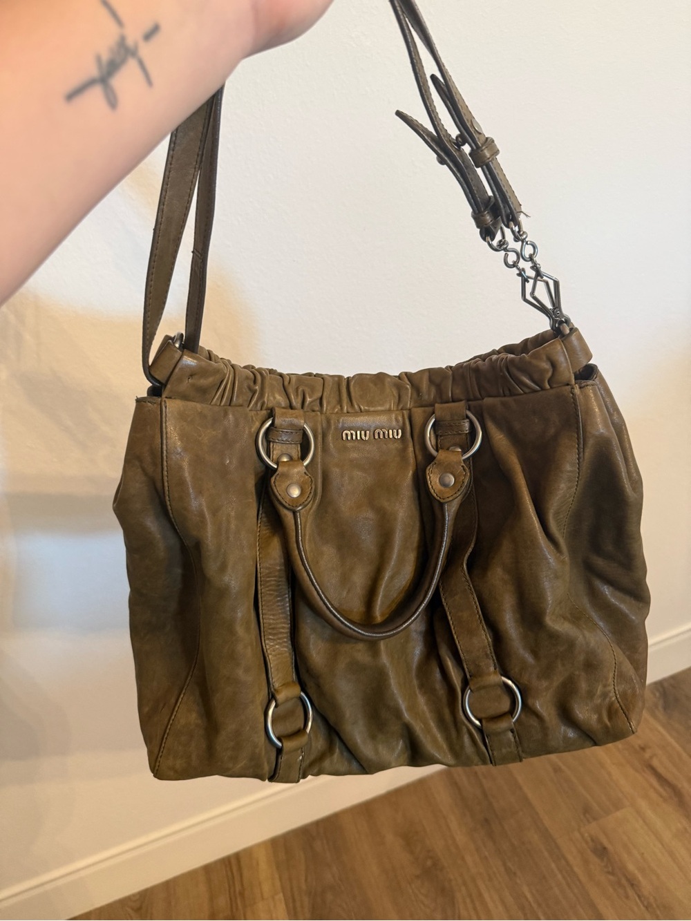 Miu Miu Olive Leather Ruffled Shoulder Bag